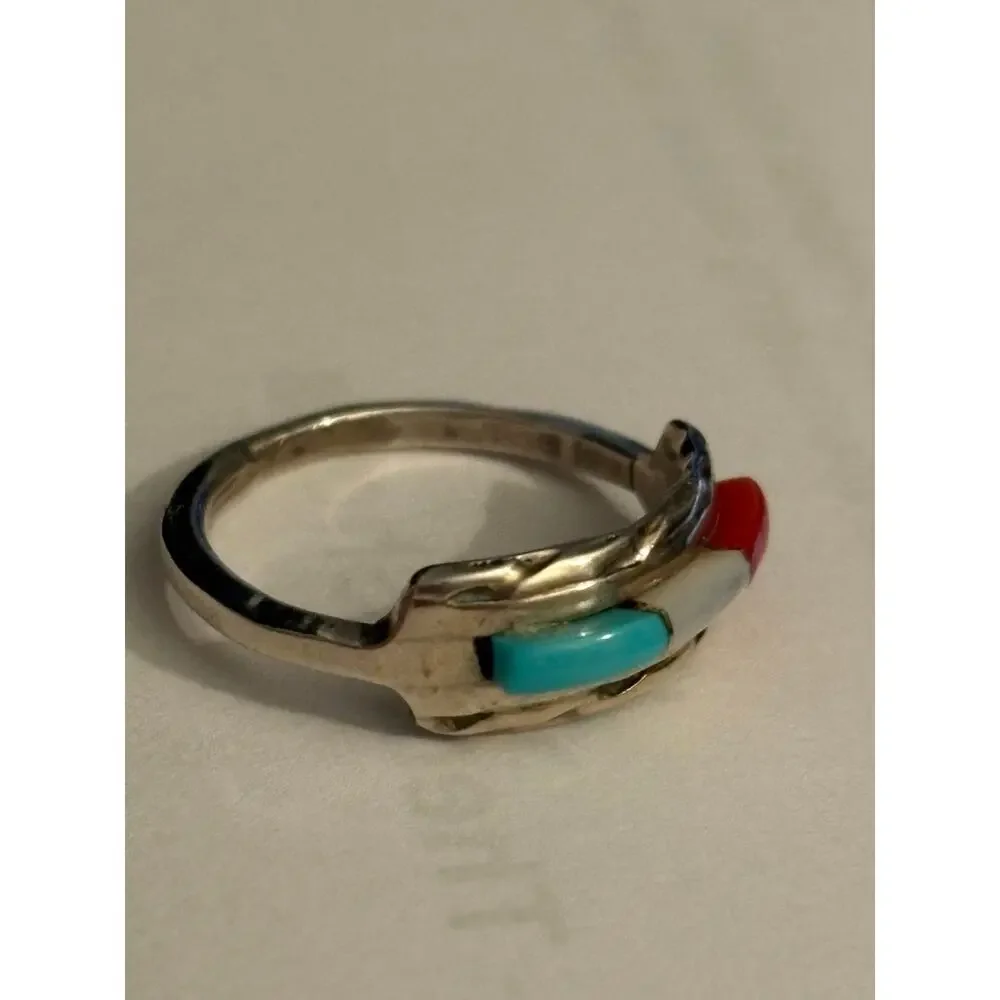 Vintage Zuni Signed Gus & Lorie Panteah Sterling Silver Inlay Ring Size 5.25